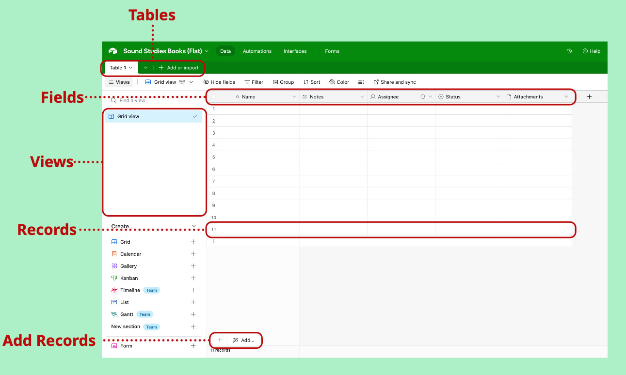 Airtable UI with sections labeled Airtable UI with sections labeled